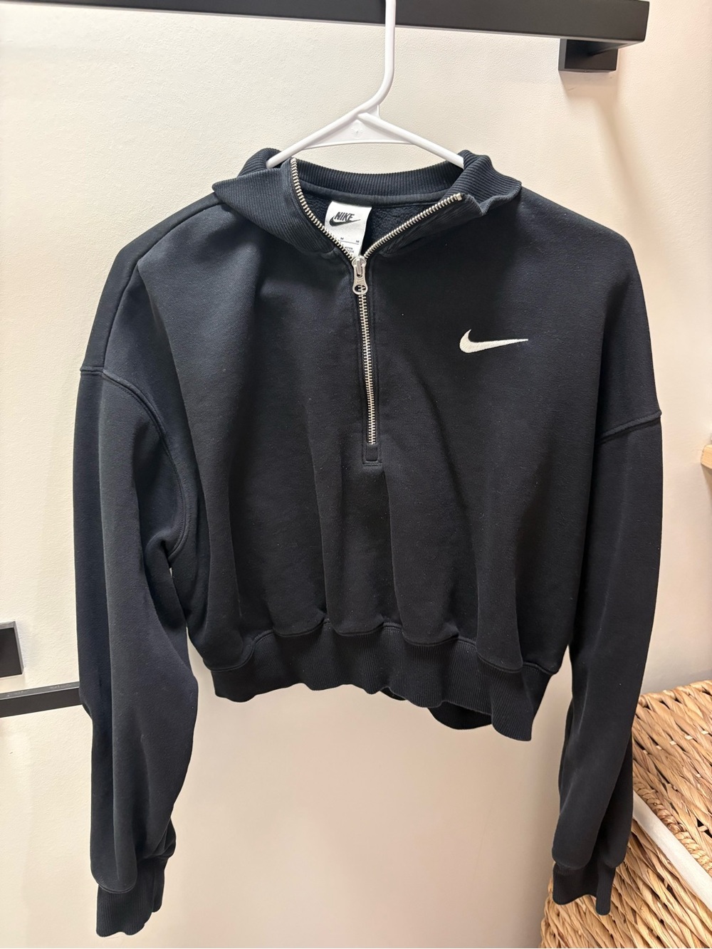 Nike Black Cropped Half-Zip Crewneck Sweatshirt with White Swoosh